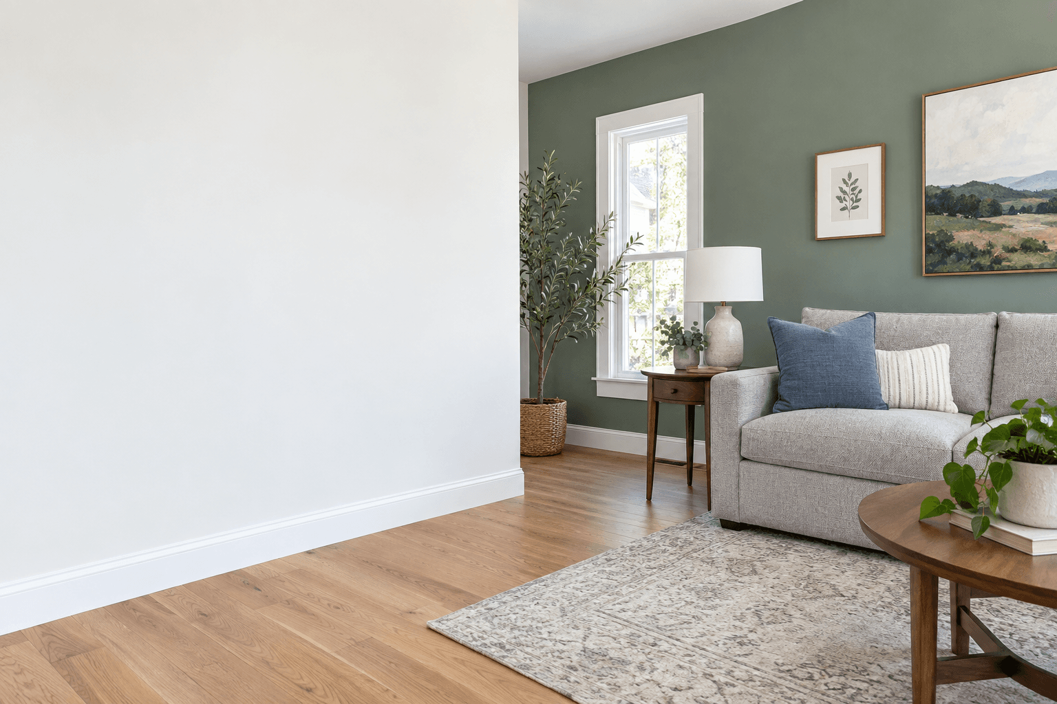 Illustrative living room concept with fresh green walls and natural light
